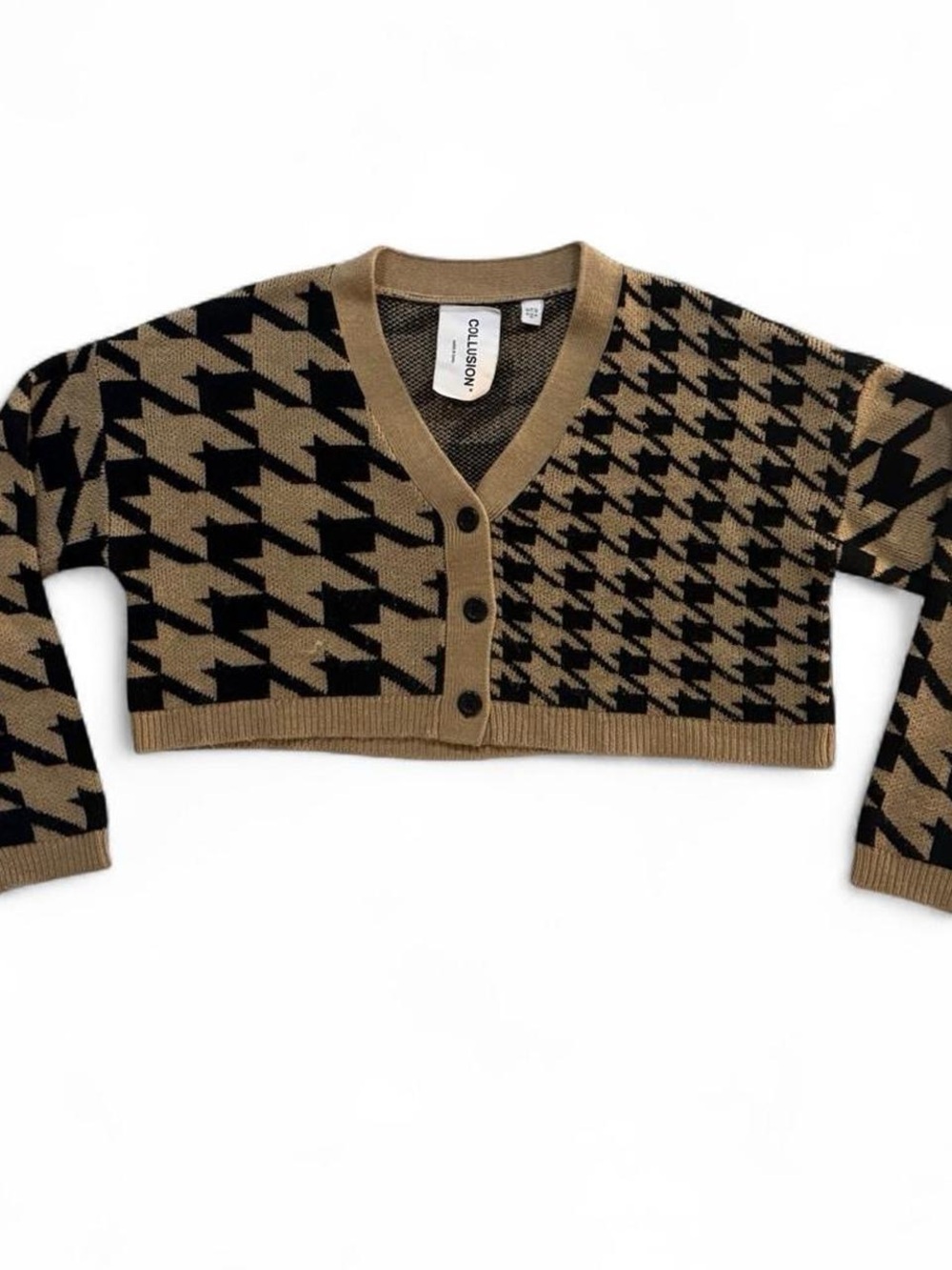 Collision Cropped Houndstooth Cardigan in Tan and Black